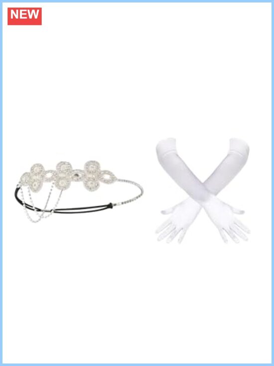 Accessories - Crystal Rhinestone Flapper Headband with Elbow Length Satin Gloves